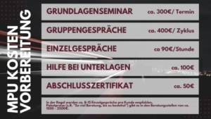 Kosten Preise MPU Vorbereitung Beratung Coaching vor Ort